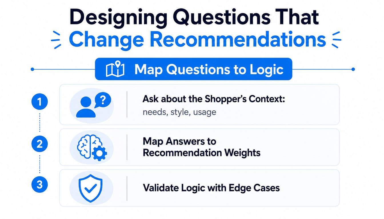 A three-step infographic on designing effective questions to improve e-commerce product recommendations for shoppers.