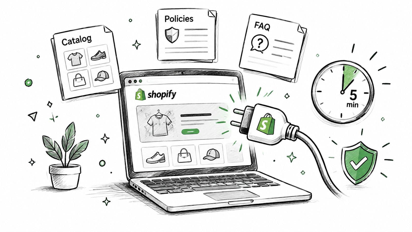 A digital illustration showing a Shopify laptop setup with e-commerce features and quick setup icons.