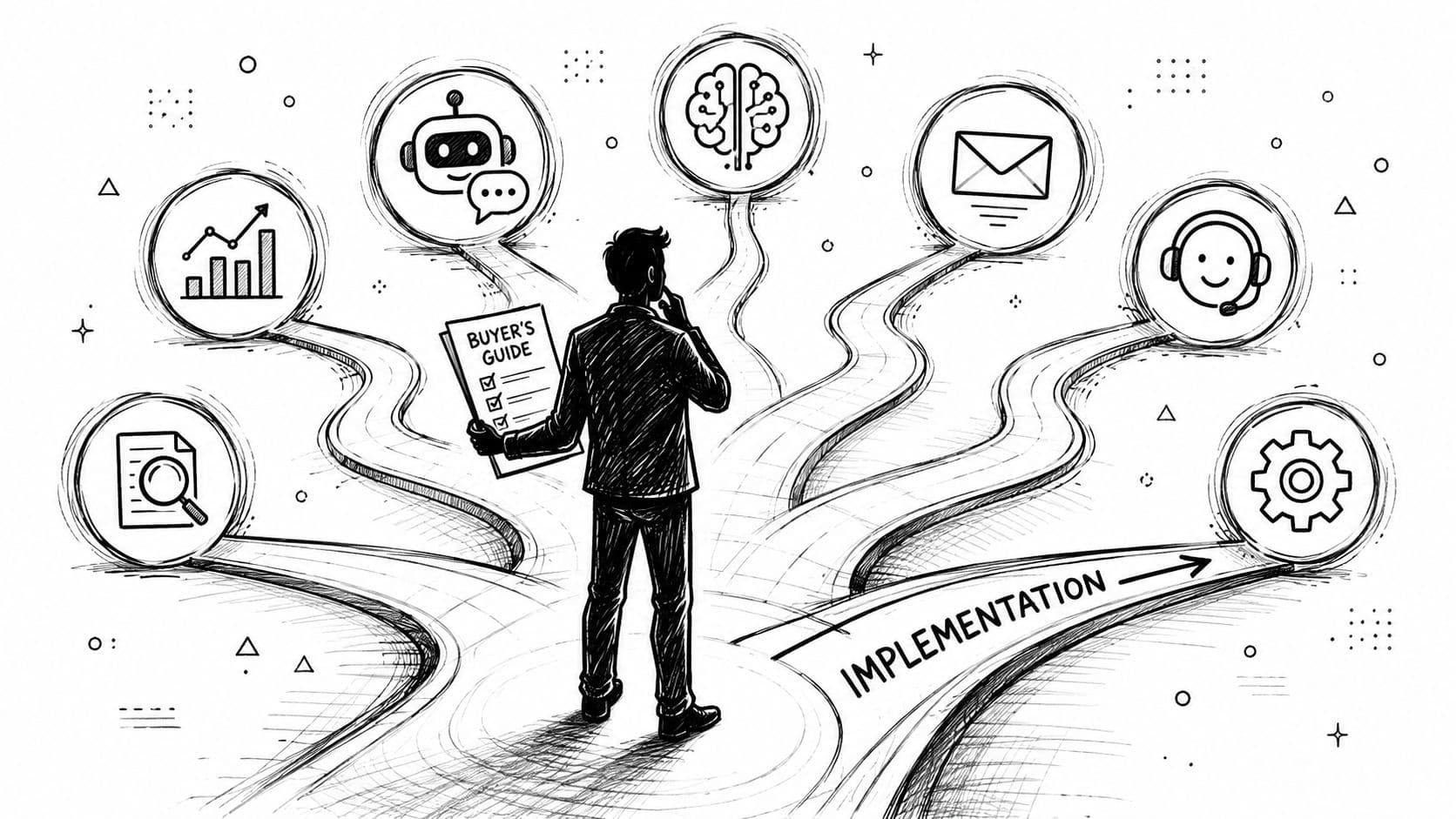 A professional stands at a crossroads, choosing between various business technology strategies and AI implementation paths.