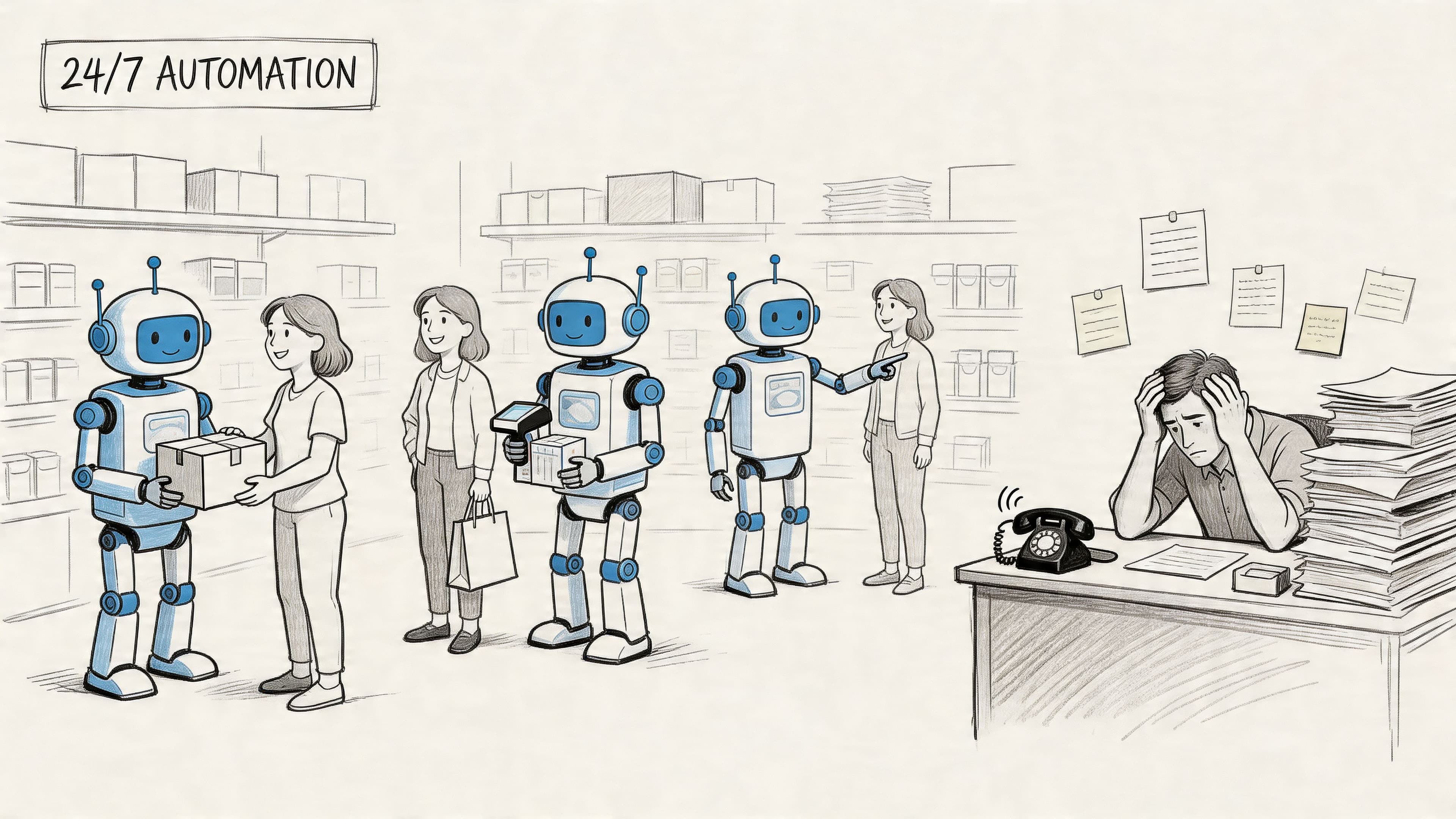 A contrast between robots providing efficient warehouse service and a stressed man buried in paperwork at a desk.