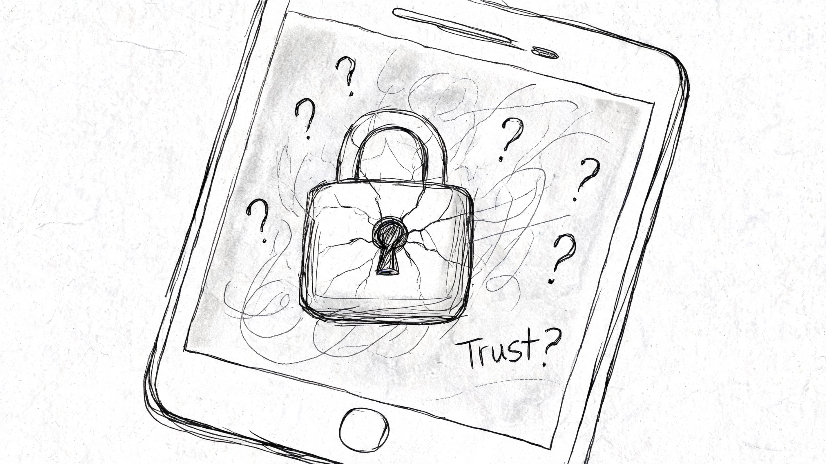 A hand-drawn illustration of a tablet displaying a cracked padlock and multiple question marks, symbolizing digital trust.
