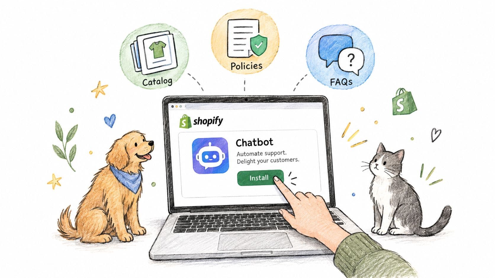 A hand installing a chatbot app on a Shopify website, flanked by a cute dog and cat.