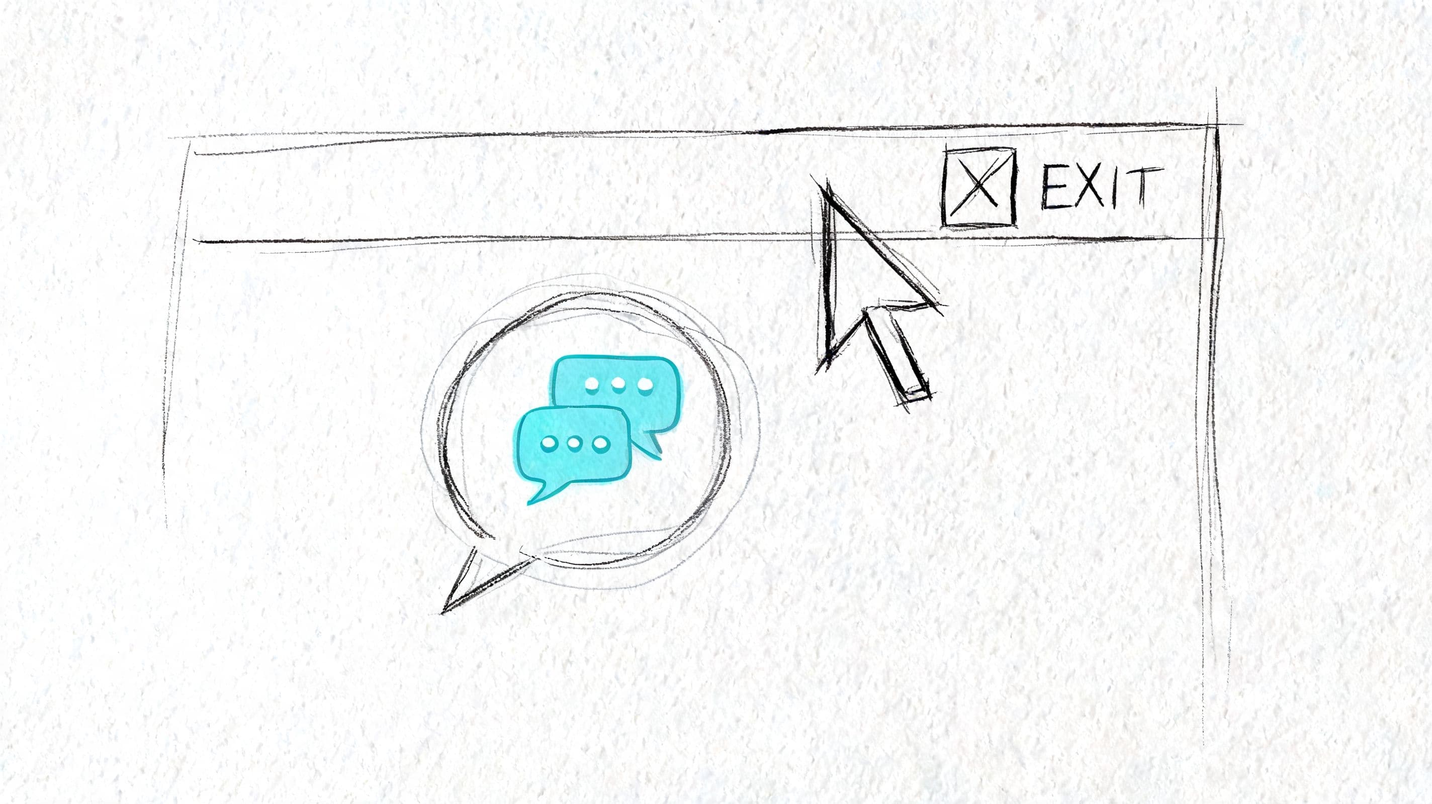 A hand-drawn illustration showing a computer mouse cursor hovering over an exit button on a messaging window.