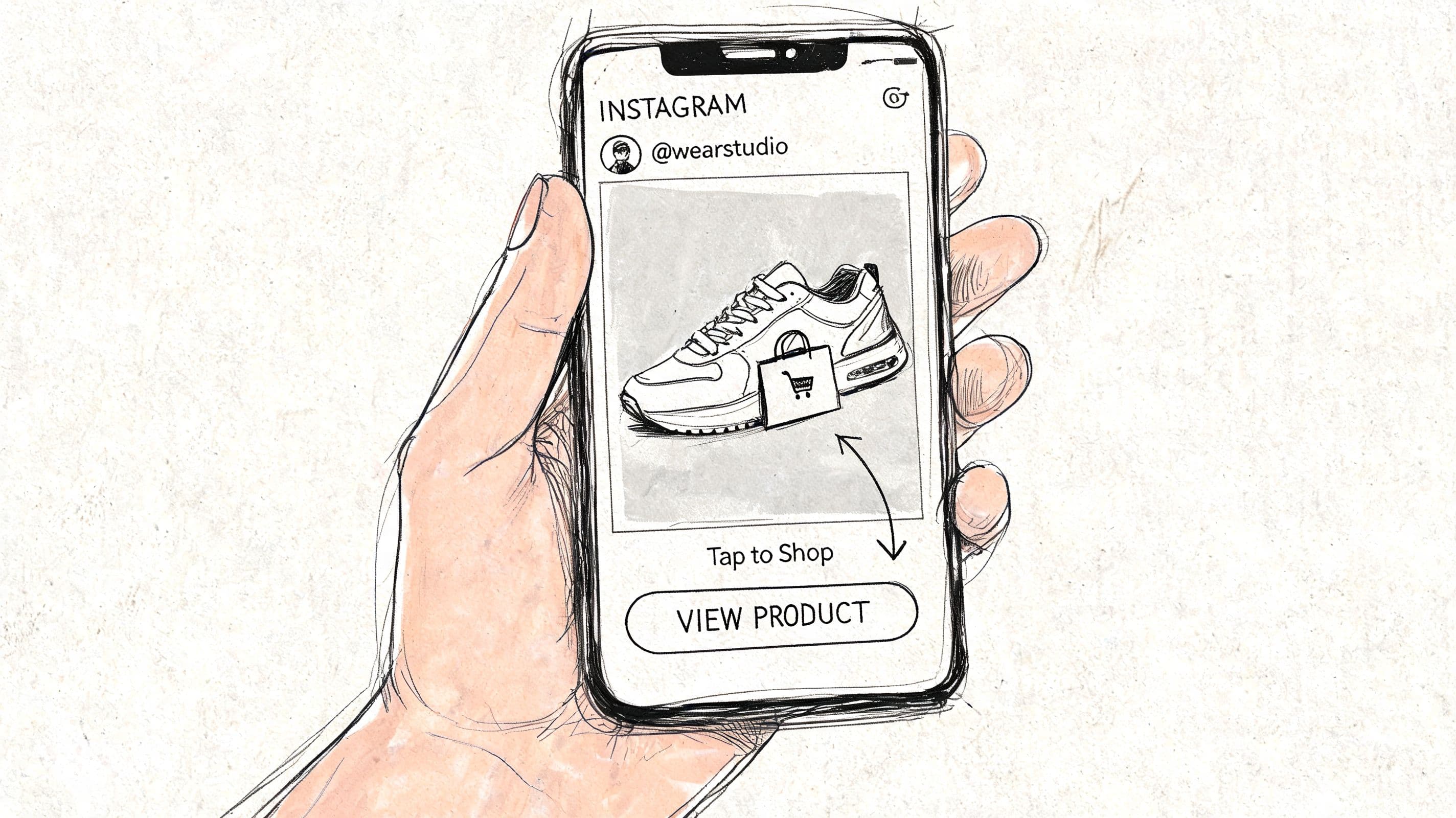 A hand holding a smartphone showing an Instagram post with a shop now feature for sneakers.