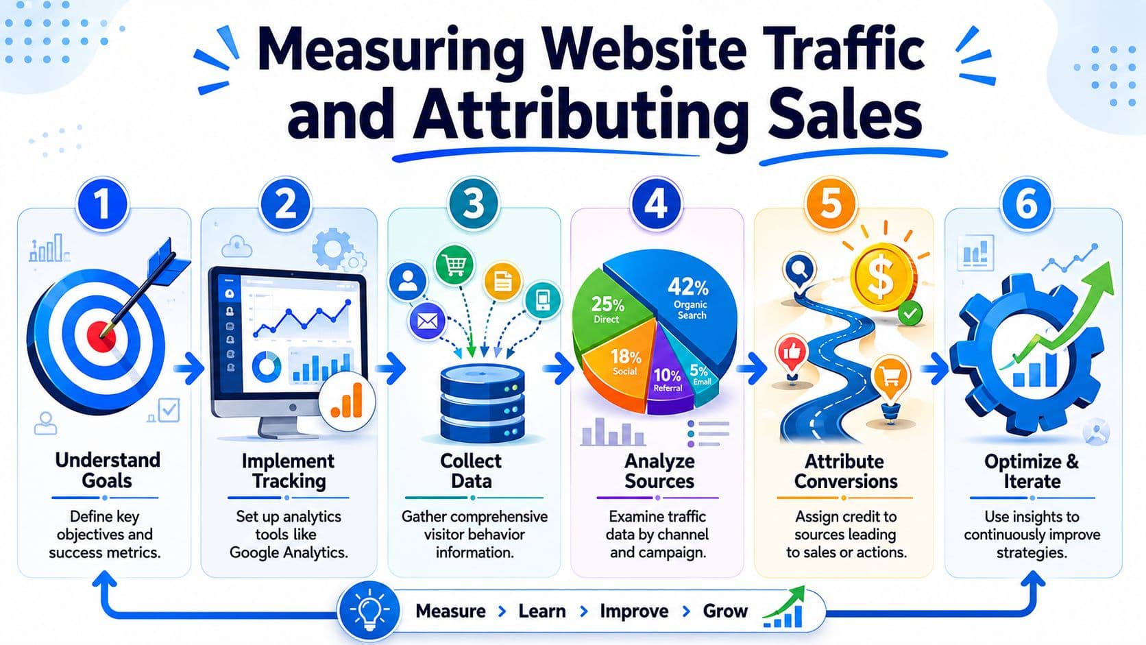 A six-step infographic illustrating the process of measuring website traffic and attributing marketing sales conversions.