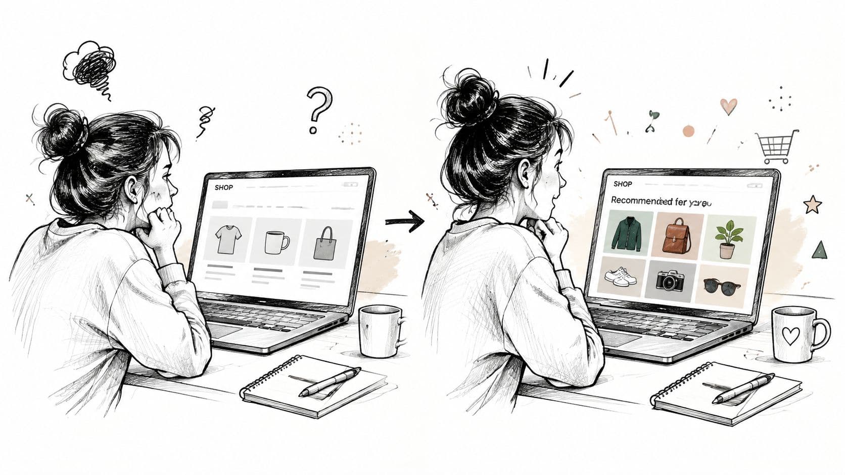 A girl using a laptop to shop online, transitioning from a confused state to a happy, personalized experience.