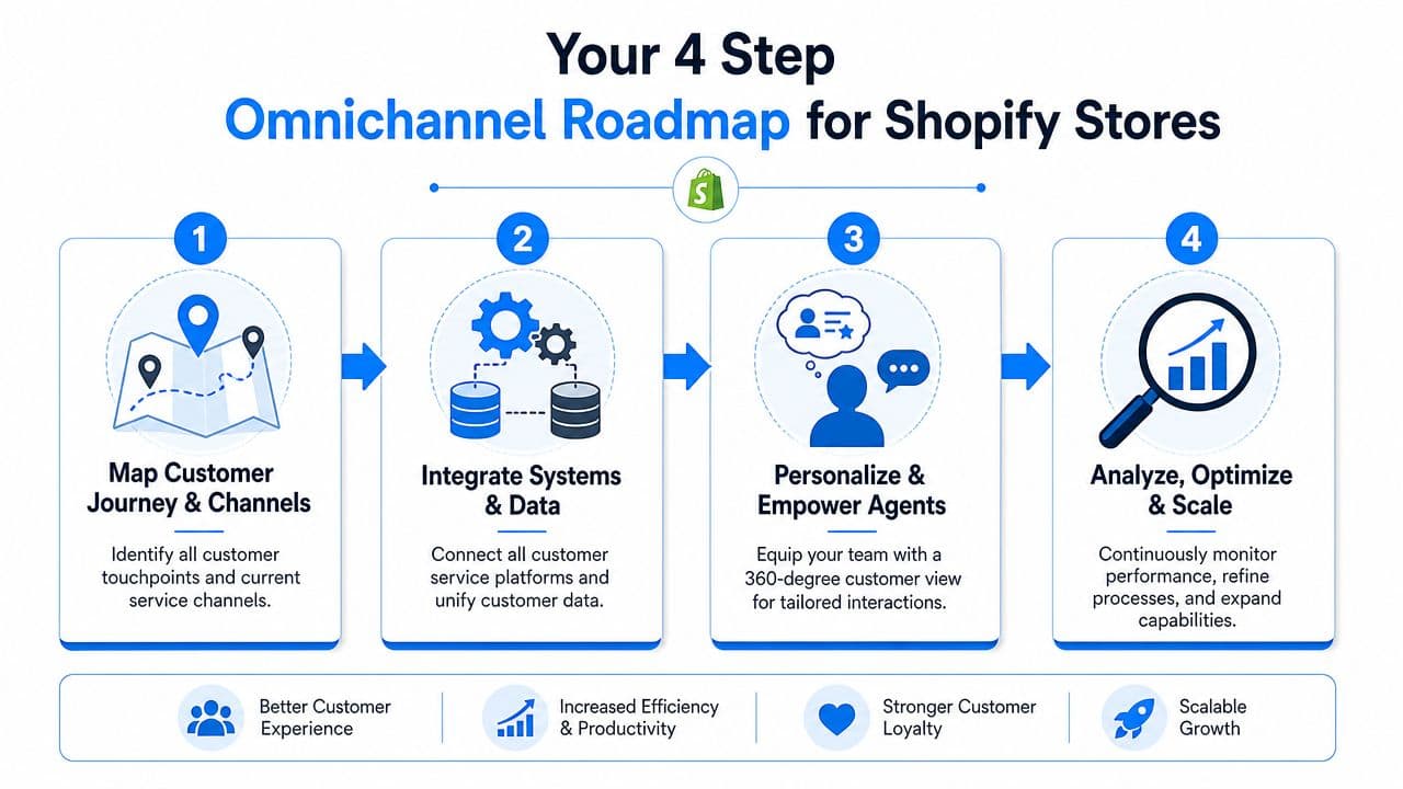 A four-step infographic illustrating an omnichannel roadmap for Shopify stores to improve customer service and growth.