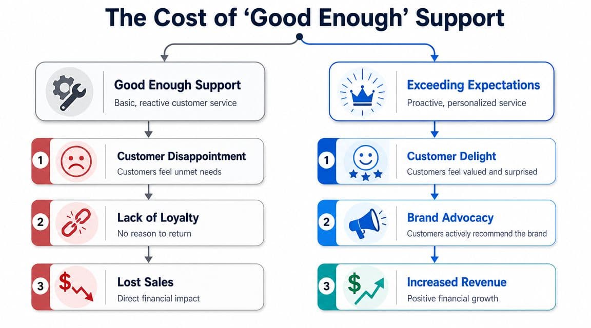 A comparison chart showing how good enough customer support leads to lost sales versus exceeding expectations creating revenue.