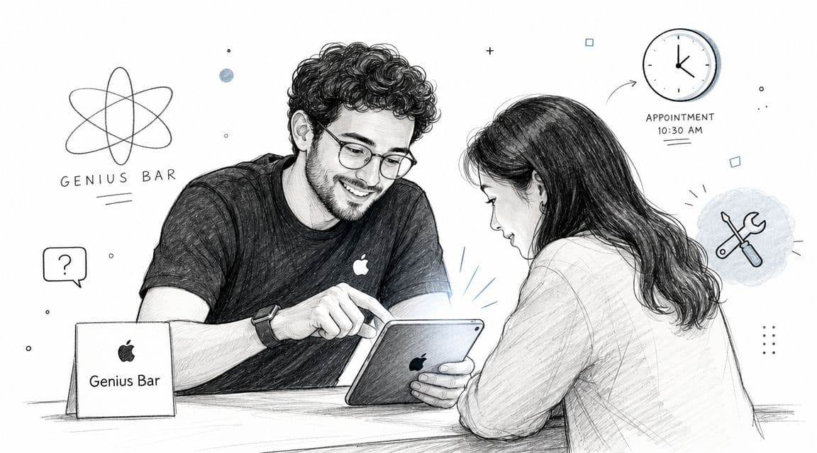 A friendly Apple Genius Bar employee assisting a customer with their tablet device during an appointment.