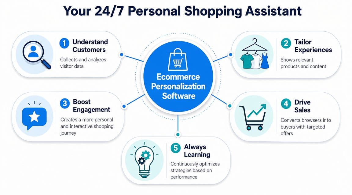 A diagram illustrating the five key benefits of ecommerce personalization software for a 24/7 personal shopping assistant.
