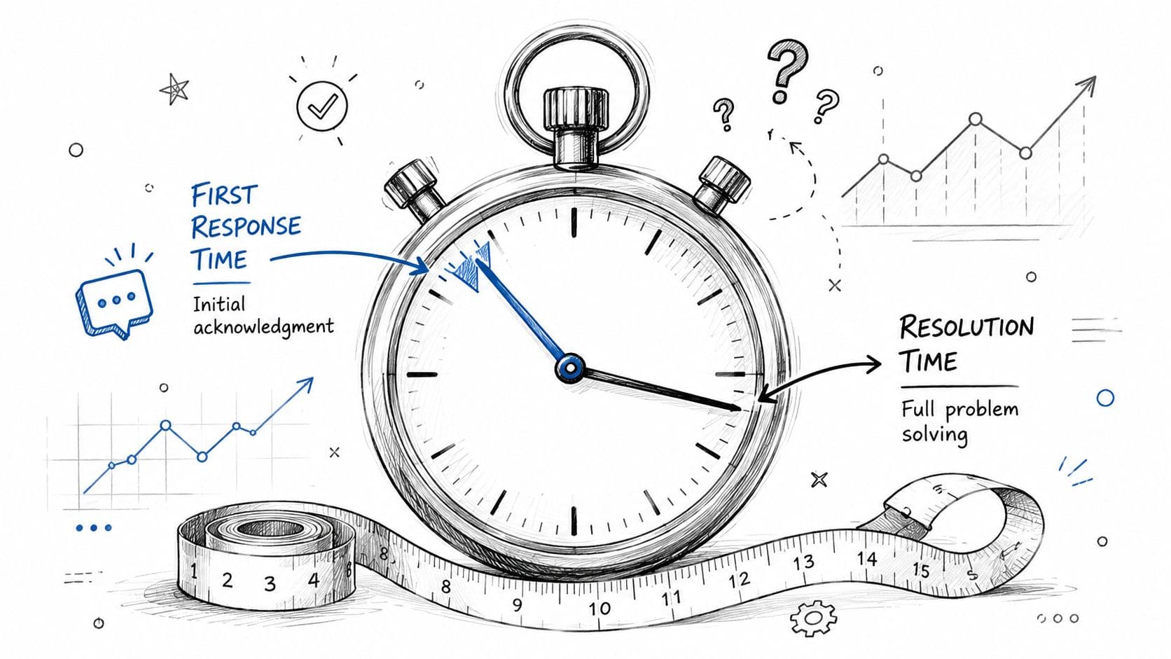 A stopwatch with arrows pointing to first response time and resolution time labels for customer service measurement.