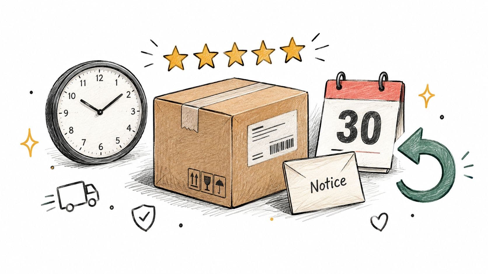 A hand-drawn illustration depicting logistics concepts like delivery speed, shipping, customer satisfaction, and product returns.