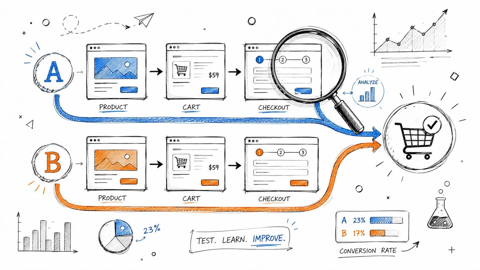 A hand-drawn illustration showing A/B testing process of an online store checkout to improve conversion rates.