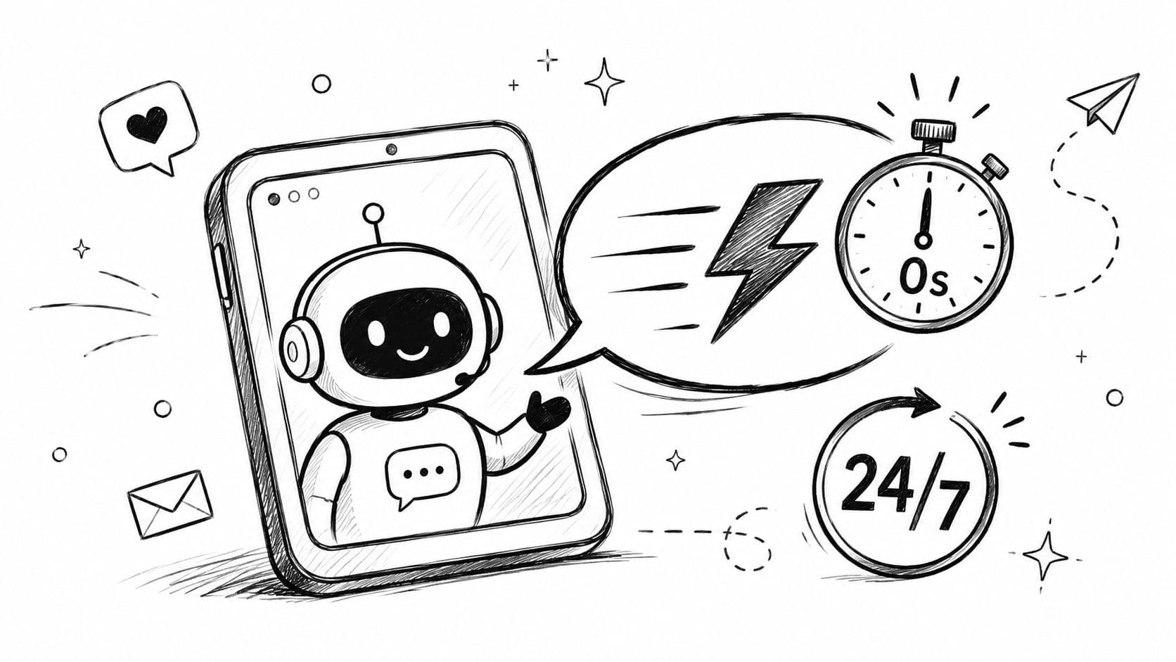 A digital sketch of a friendly robot on a tablet representing 24/7 fast customer service support.
