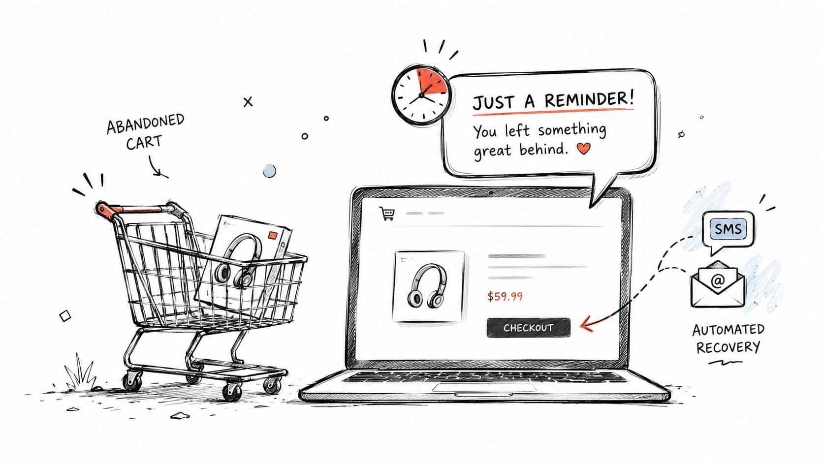 A hand-drawn illustration showing an abandoned shopping cart and a laptop with an automated recovery reminder.