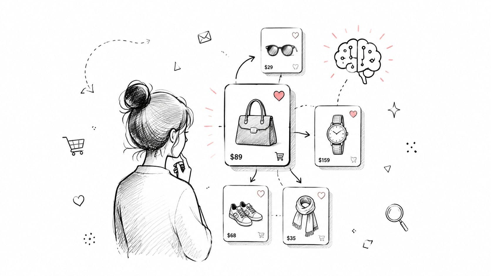 A woman considers personalized fashion product recommendations displayed in a digital shopping interface with various items.