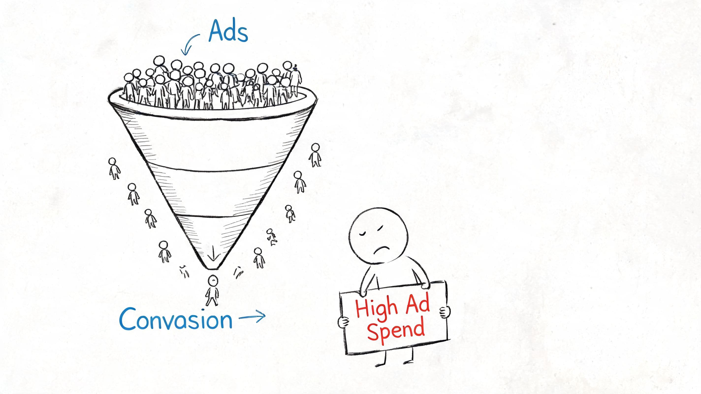 A marketing funnel diagram showing many people entering via ads but few conversions despite high ad spend.