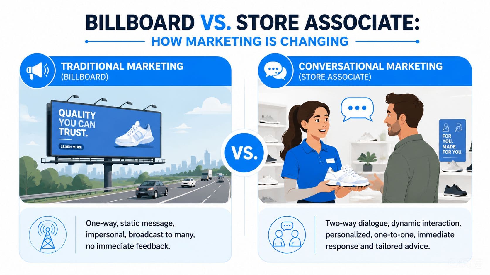 An infographic comparing traditional billboard marketing to conversational marketing using a store associate as a comparison.