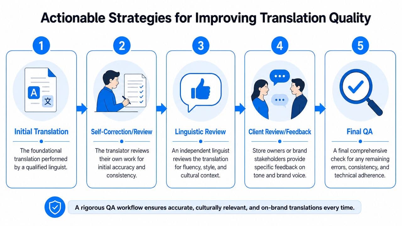 A five-step flowchart illustrating a professional workflow for improving translation quality and accuracy.