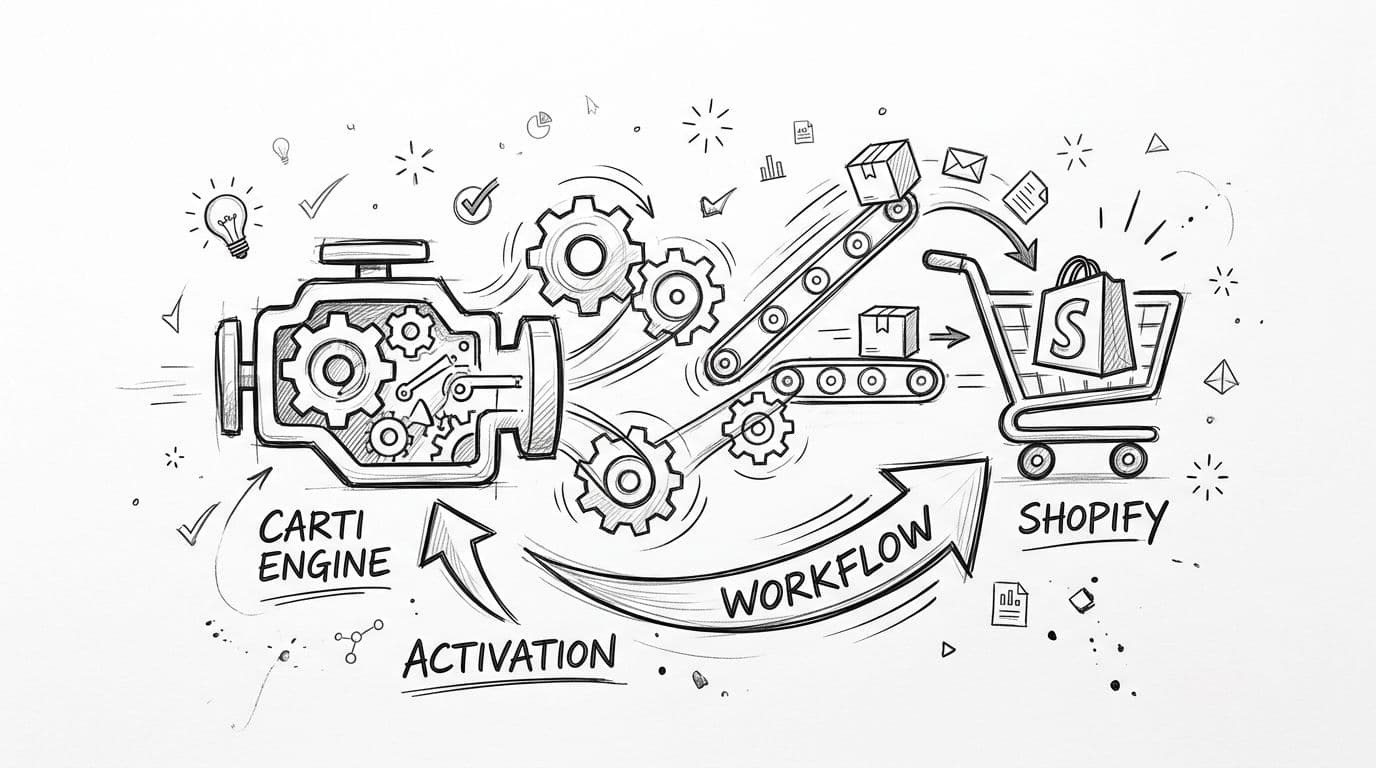 A hand-drawn illustration showing a Carti Engine mechanism connected to a Shopify shopping cart via automation workflows.