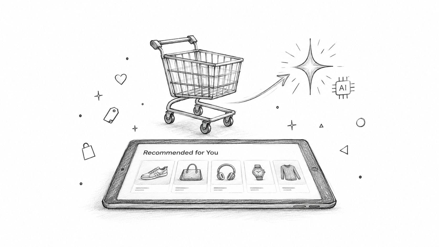A pencil sketch of a shopping cart connecting to a digital tablet displaying personalized product recommendations.