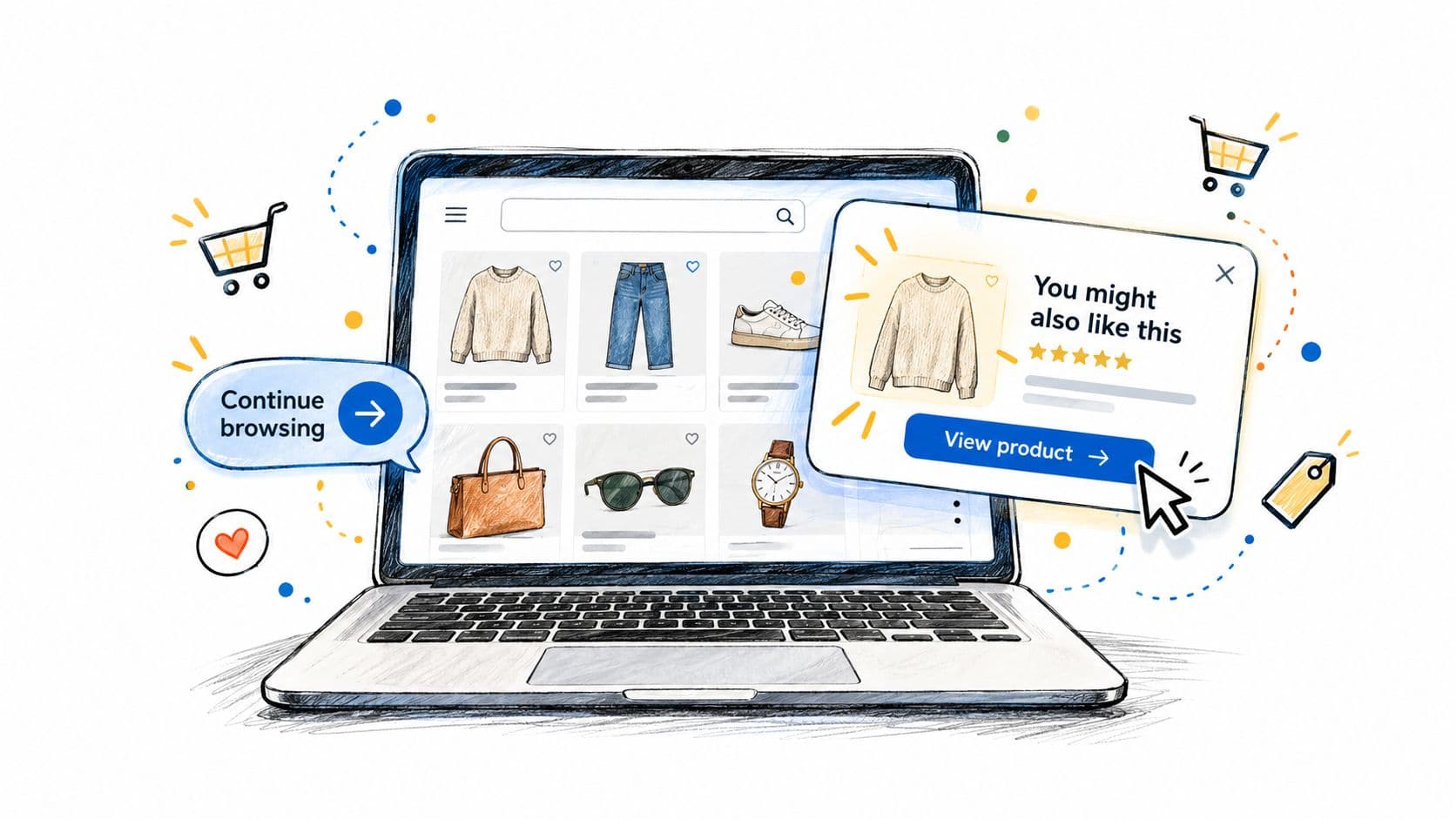 A digital illustration showing a laptop displaying an online shopping interface with a product recommendation popup window.