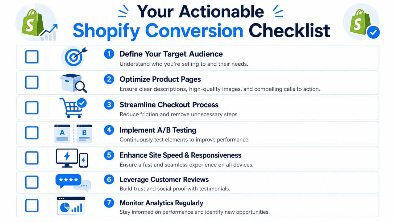 A checklist of seven essential steps for improving Shopify store conversion rates and e-commerce business performance.