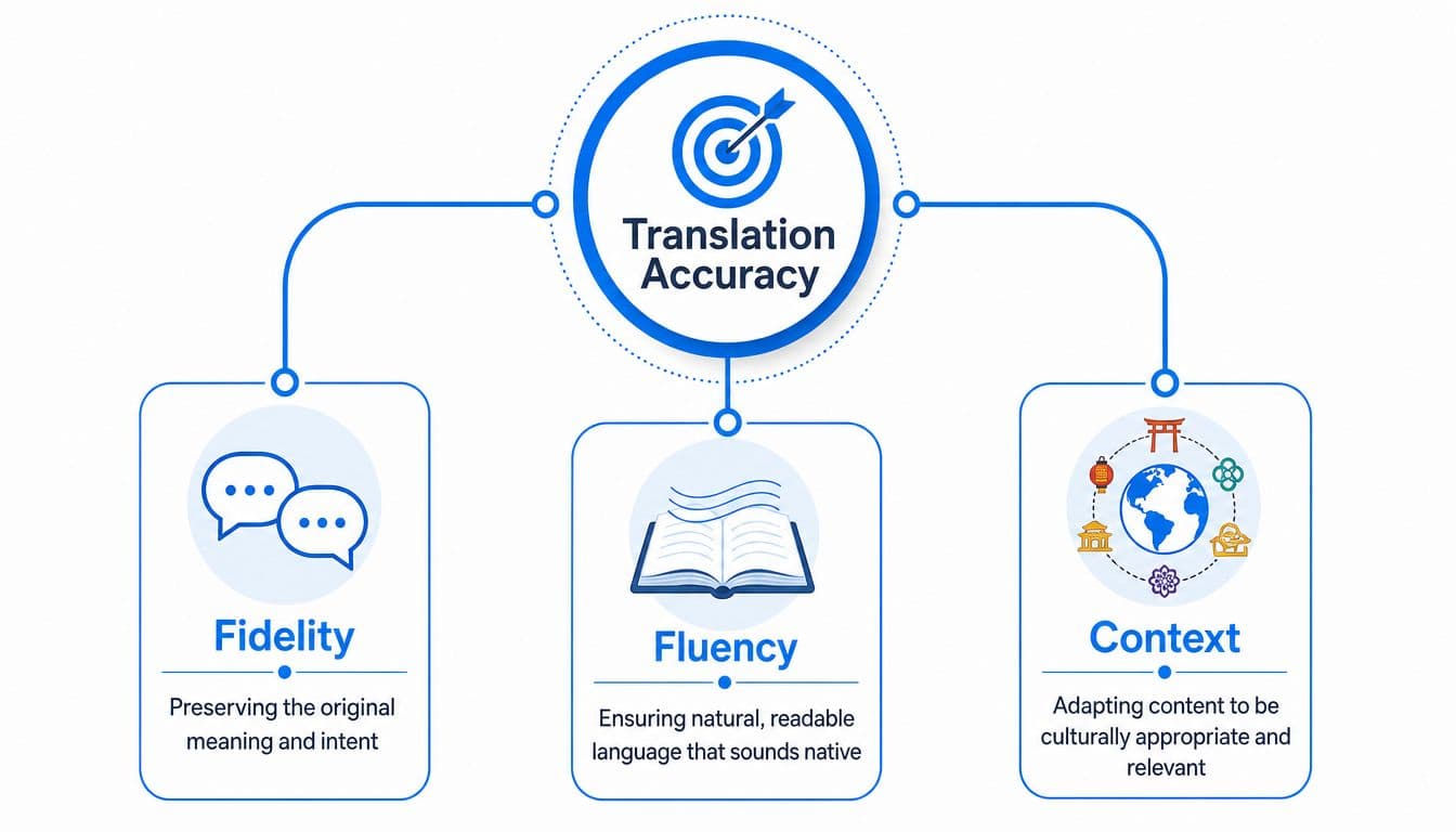A diagram illustrating the three core pillars of translation accuracy: fidelity, fluency, and context.