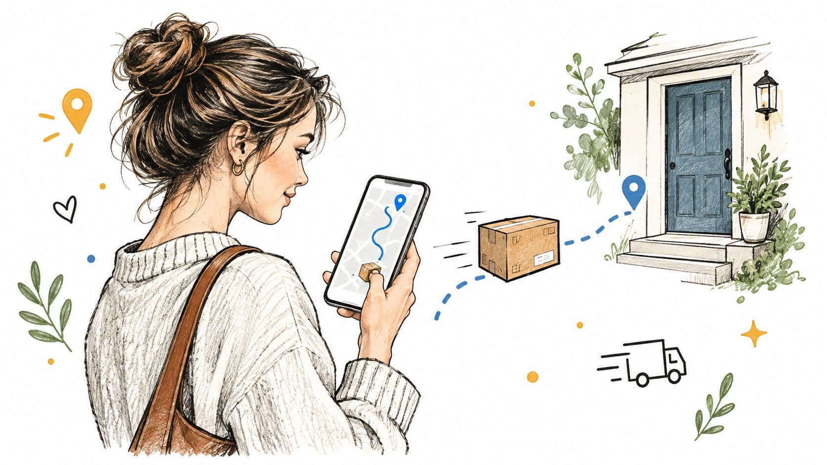 A woman looks at her smartphone tracking a delivery package being sent to a front door.