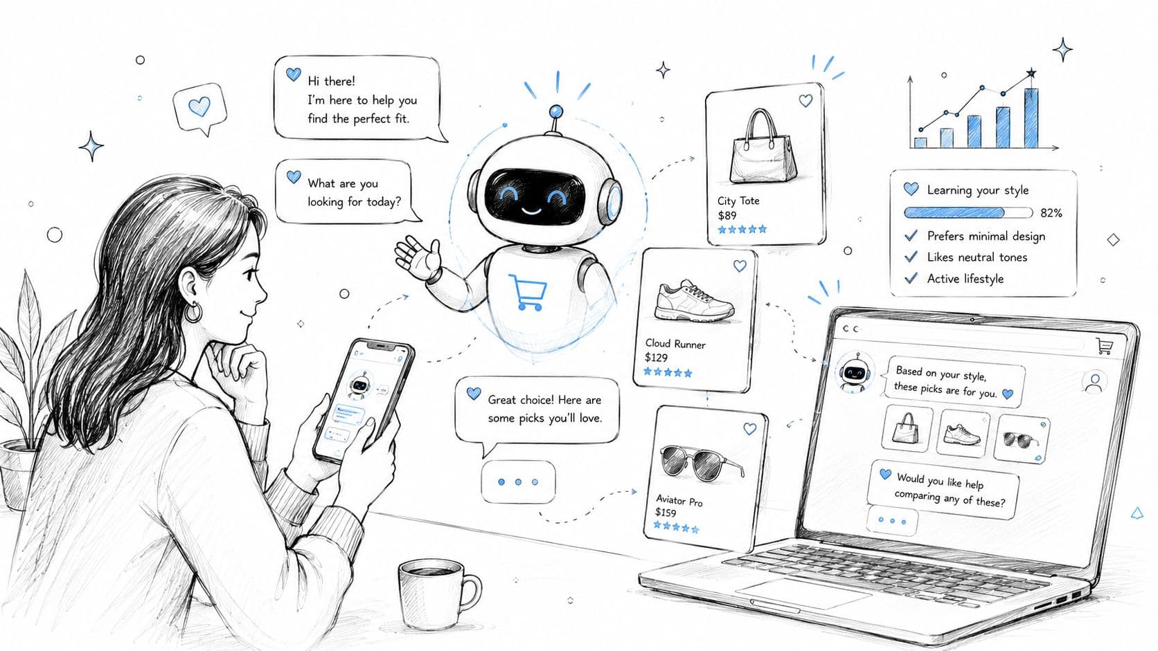 A sketched illustration of a woman using an AI-powered shopping assistant on her smartphone and laptop.