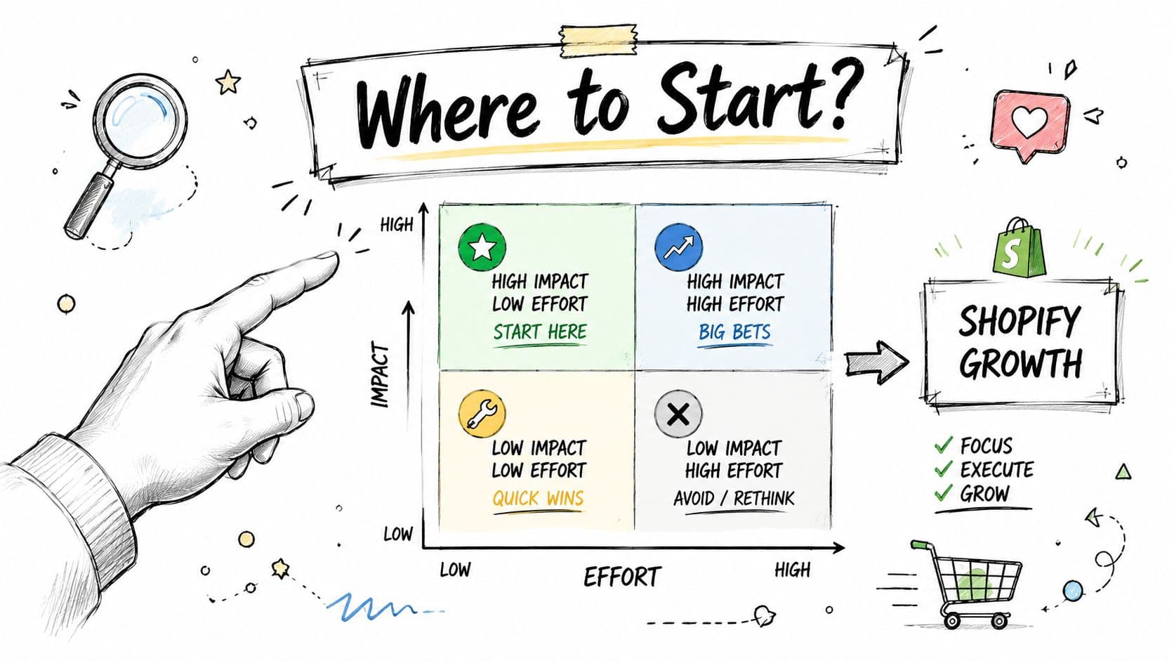 A strategic matrix diagram titled Where to Start, illustrating project prioritization by impact and effort for Shopify growth.