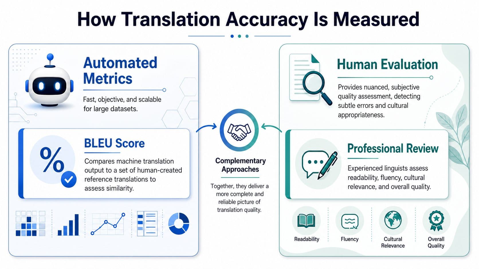 An infographic illustrating how translation accuracy is measured using both automated metrics and human evaluation approaches.