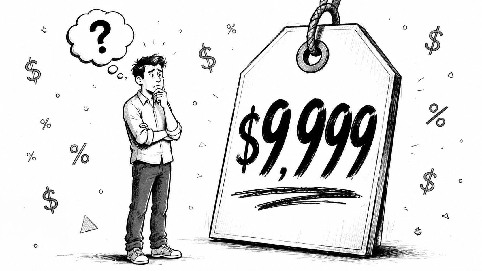 A man in a shirt looks thoughtfully at a large price tag displaying nine thousand nine hundred ninety-nine dollars.
