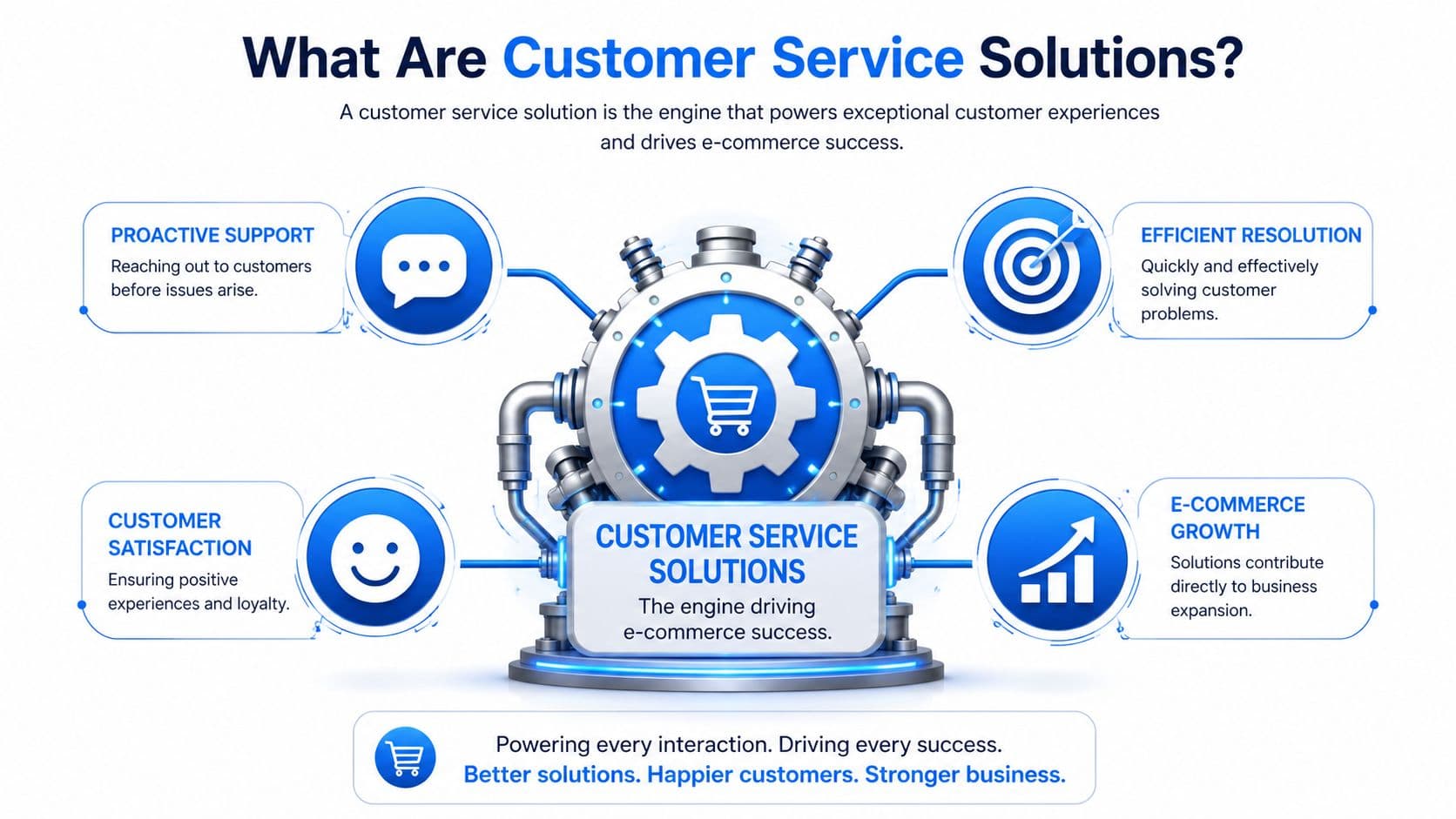 An infographic showing how customer service solutions drive e-commerce success through support, satisfaction, resolution, and growth.