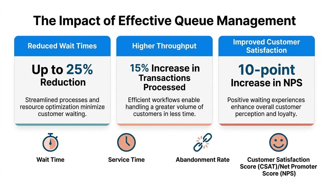 An infographic showing the benefits of effective queue management including reduced wait times and increased customer satisfaction.