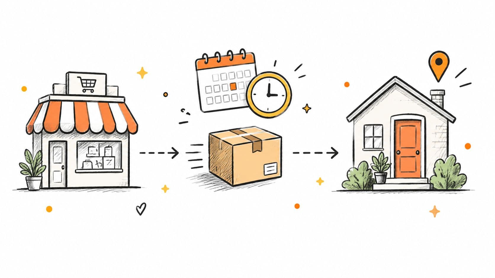 A hand-drawn illustration depicting the delivery process from a local retail store to a residential home.