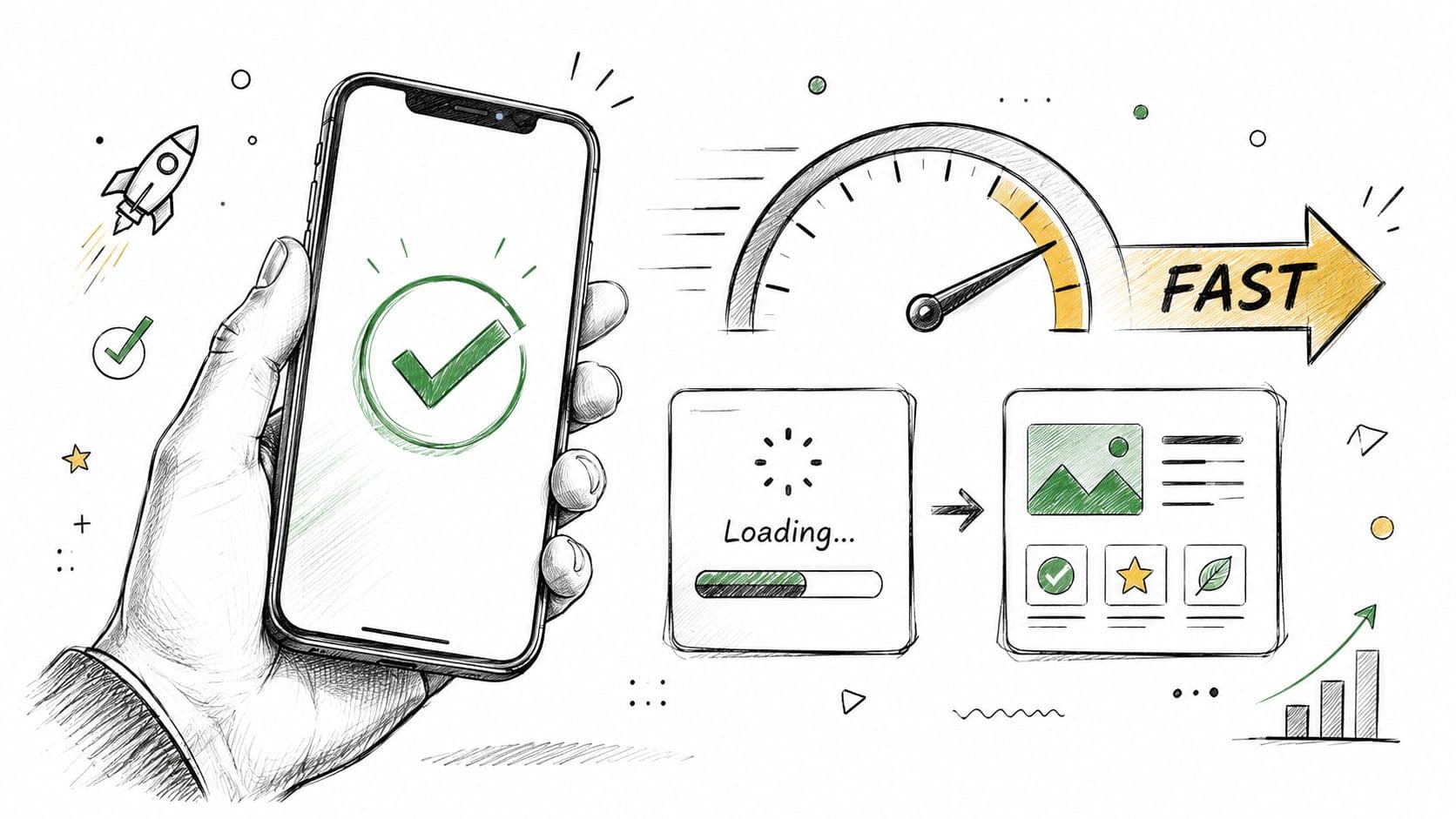 Hand holding a smartphone showing a checkmark with speed indicators, loading animations, and performance graphics.