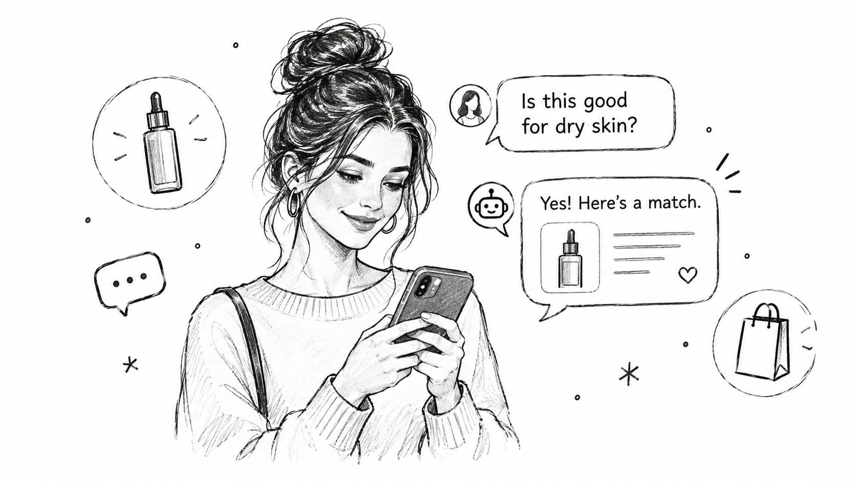 A woman using her smartphone to chat with an AI assistant about skincare product recommendations for dry skin.
