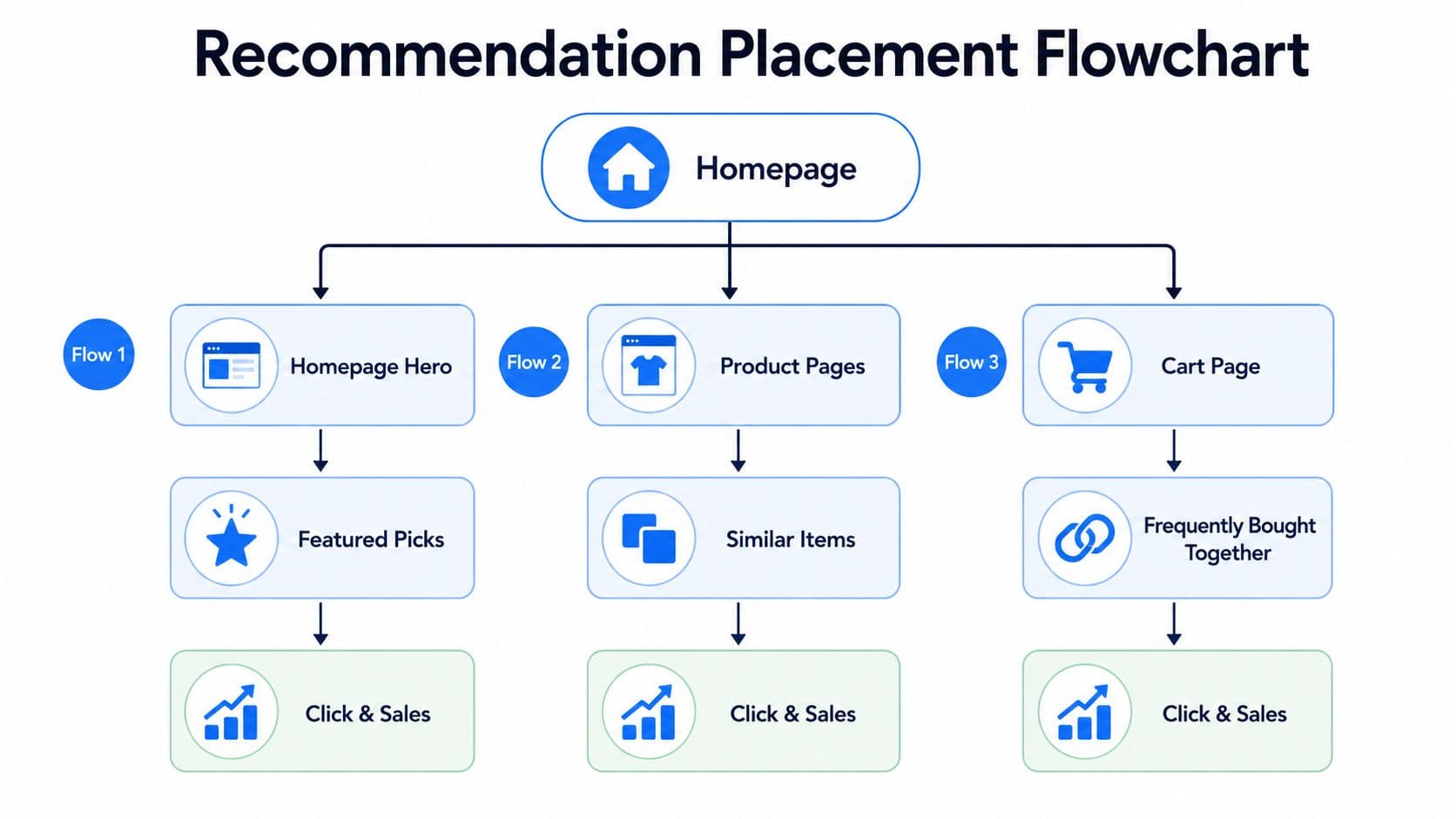 A flowchart diagram illustrating strategic recommendation placement for an e-commerce website to drive customer engagement and sales.