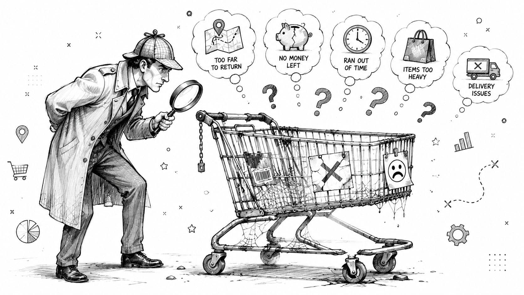 A detective examines an abandoned shopping cart with icons representing common e-commerce cart abandonment reasons.