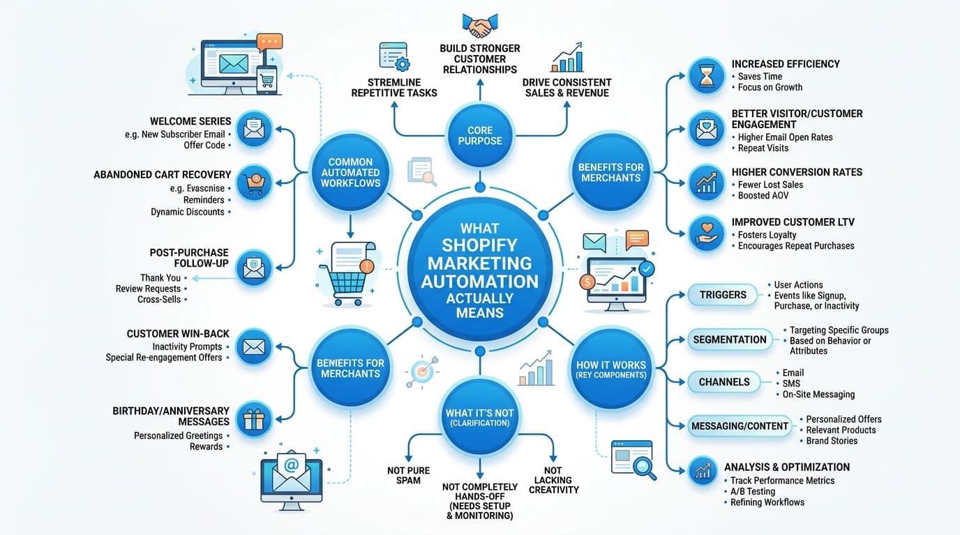 A visual mind map explaining Shopify marketing automation, its benefits, common workflows, key components, and clarification.