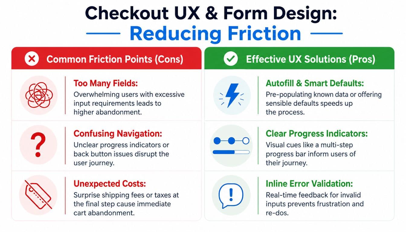 A comparison chart showing common checkout friction points versus effective user experience design solutions for e-commerce websites.
