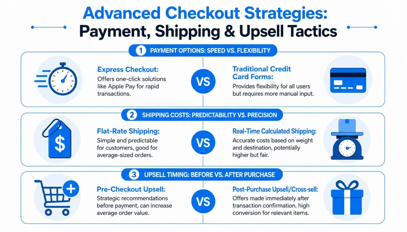 A comparison chart showing advanced checkout strategies including payment options, shipping costs, and upsell timing for e-commerce.
