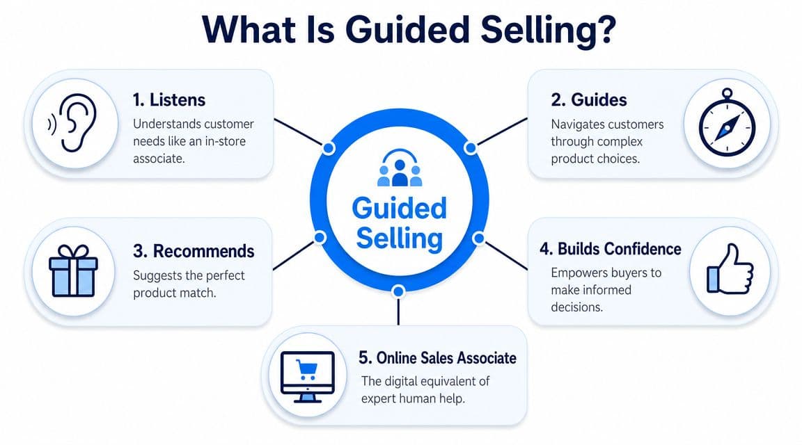A diagram illustrating the five core components of a guided selling solution for e-commerce.