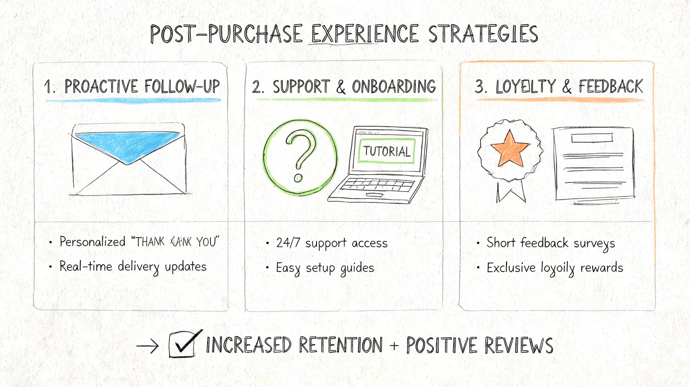 A diagram illustrating three key post-purchase experience strategies to improve customer retention and increase positive reviews.