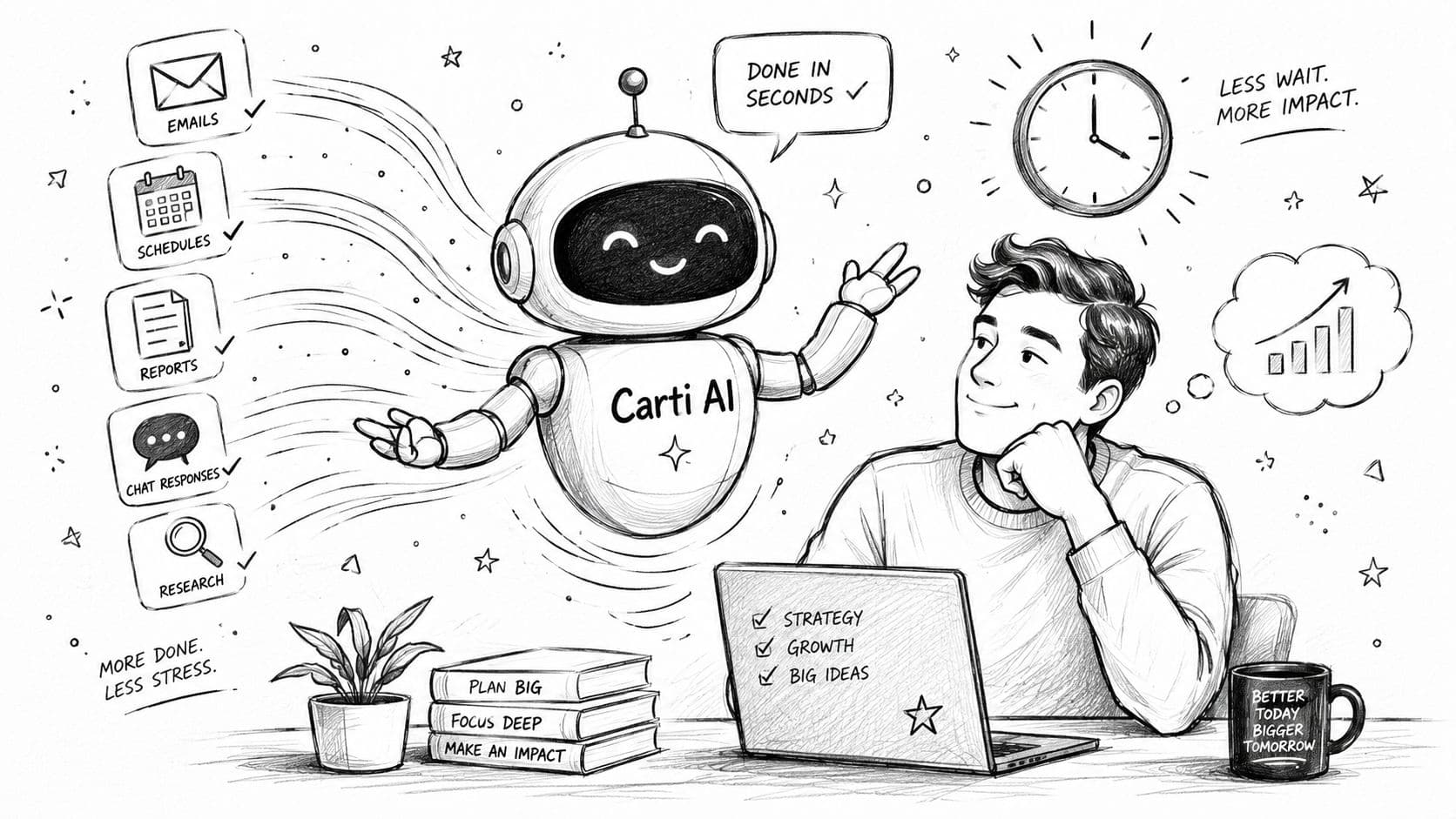 A friendly robot assistant named Carti AI helps a man work on his laptop, increasing productivity.