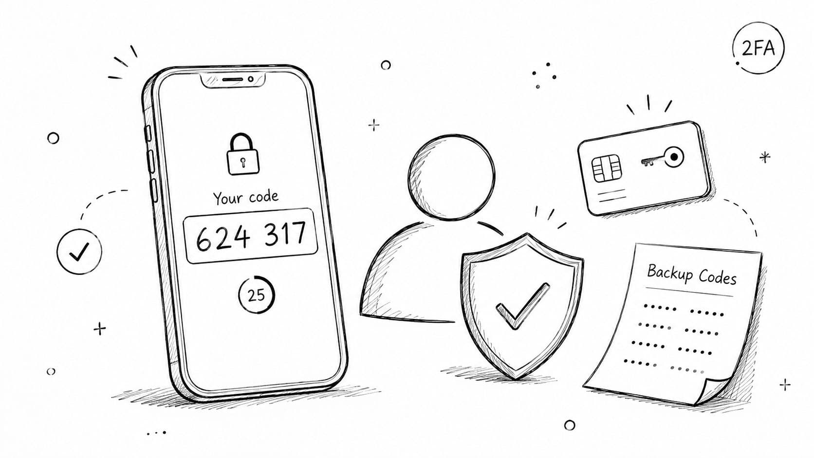 A hand-drawn illustration showing 2FA authentication methods including a phone code, security shield, and backup codes.