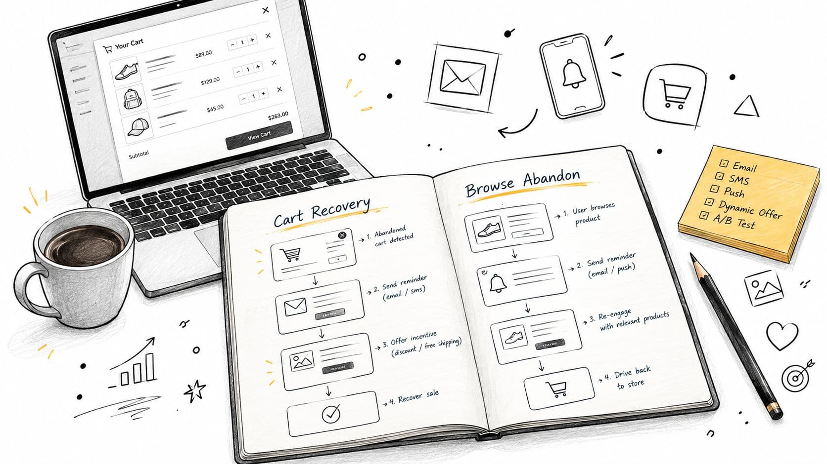 A hand-drawn illustration depicting a laptop and an open notebook showing marketing automation strategies for customer engagement.