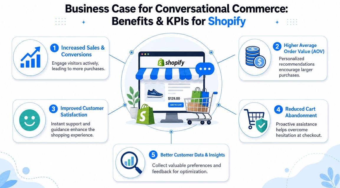 An infographic showing five key benefits and KPIs for using conversational commerce on Shopify stores.