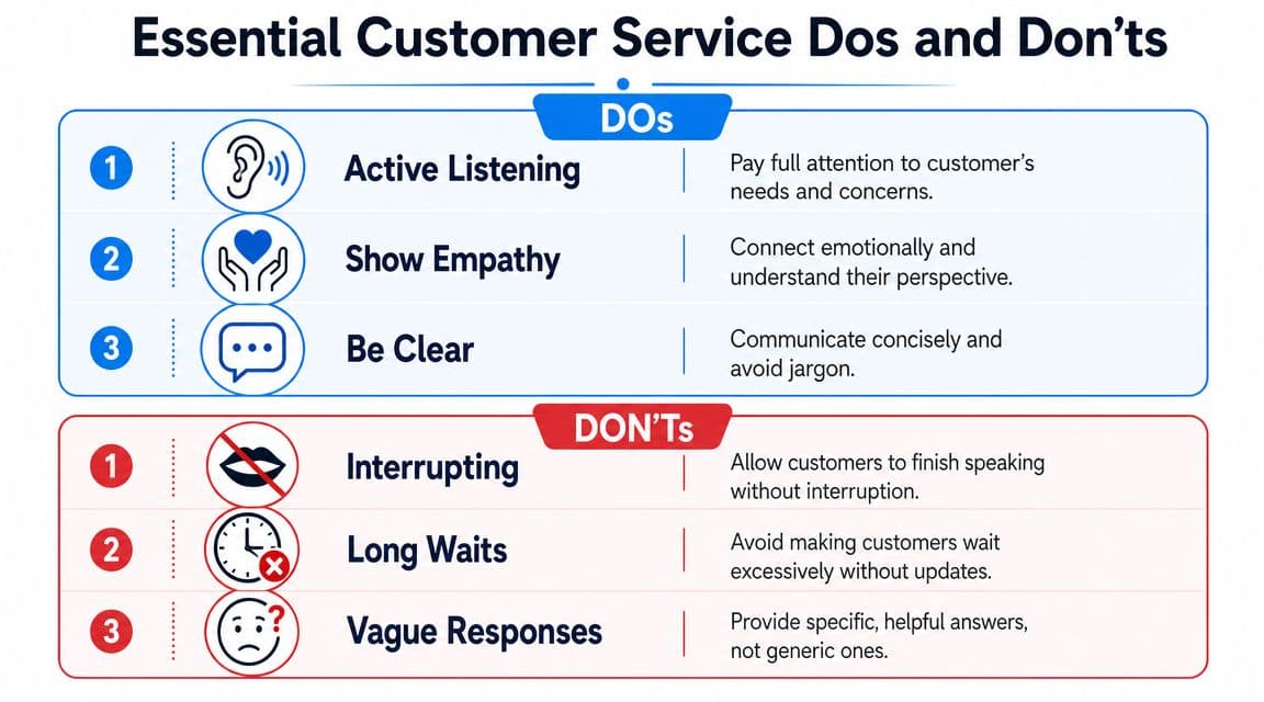 A chart illustrating essential customer service dos and don'ts with specific practices to improve communication and professionalism.
